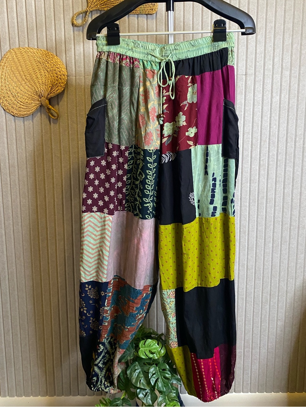 Patchwork Colorful Green Pants Pull-On Boho Hippie Festival Pockets Medium large